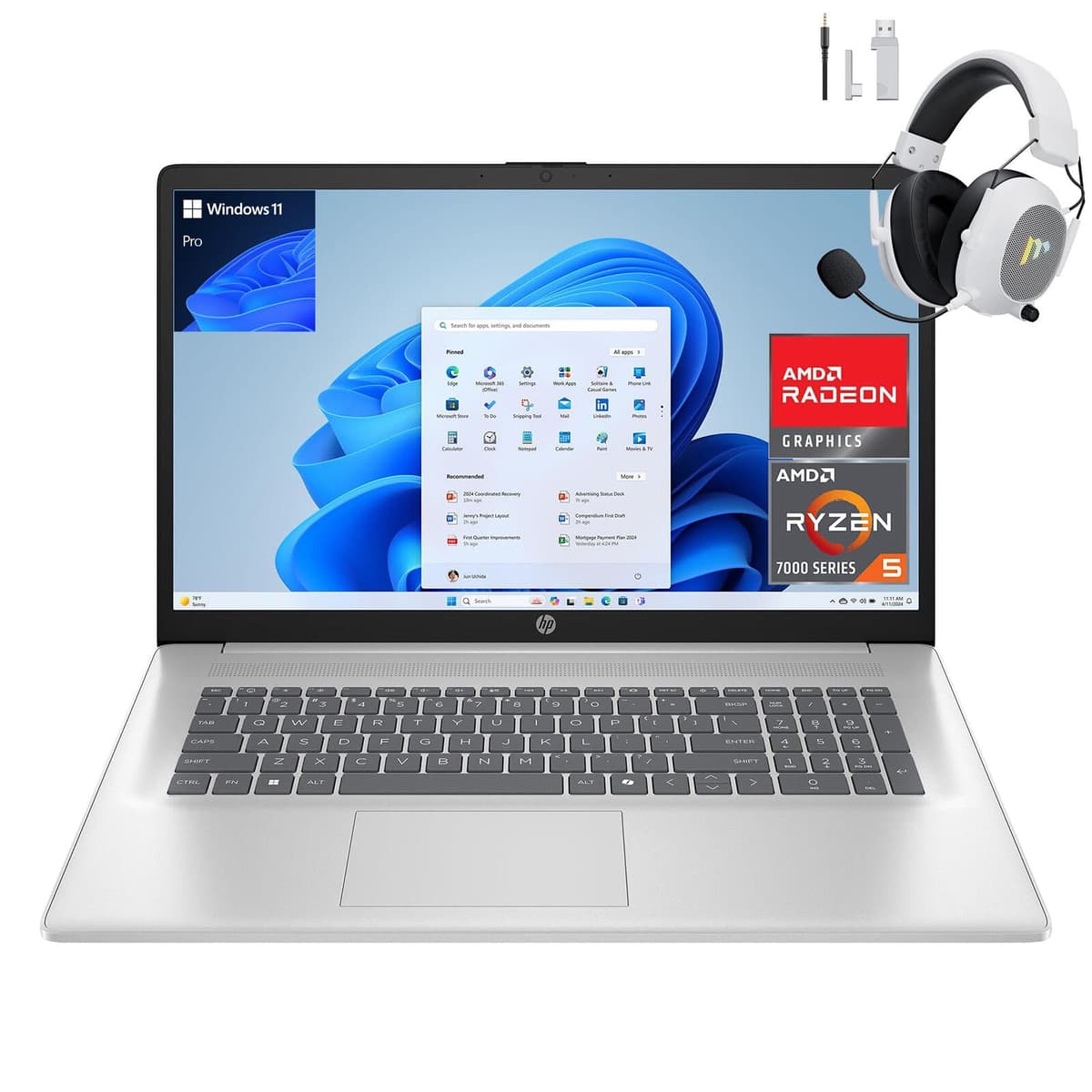 HP Laptop de 17,3 pulgadas, pantalla FHD, AMD Ryzen 5 7430U, 16 GB RAM, 512 GB SSD, gráficos AMD Radeon, Windows 11 Pro, plateado natural, webcam, HDMI, Wi-Fi 6, AI Copilot, con accesorio Mytrix 17-cp