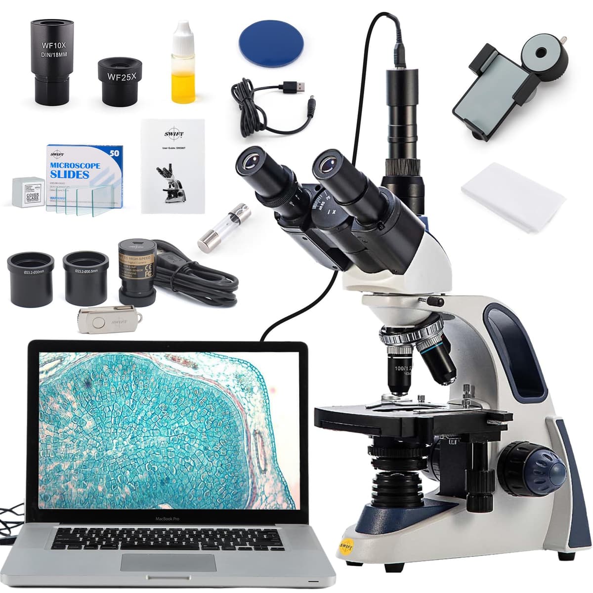SWIFT SW380T - Microscopio compuesto trinocular 40X-2500X con cámara 5.0MP y accesorios SW380T and EP
