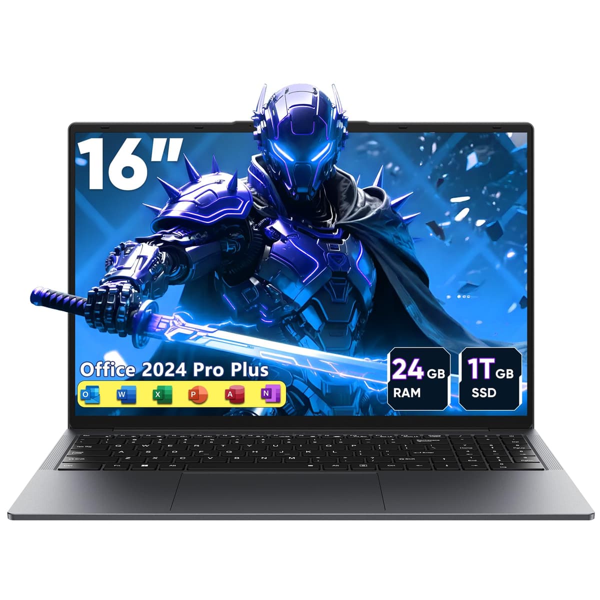 BWPED Laptop 16" con Core i5, 24GB RAM, 1TB SSD, MS Office 2024, Pantalla IPS 16:10 (1920 x 1200), Win 11 Pro, BT5.0 Wi-Fi, 3x USB-A, HDMI, RJ45, Teclado Retroiluminado, Gris Espacial 8210Y