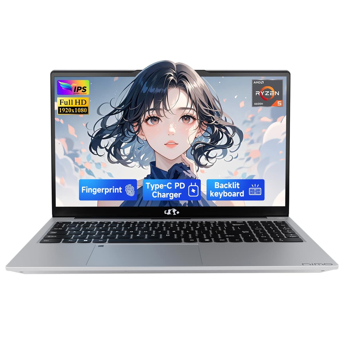 NIMO 15.6" IPS FHD Laptop Gamer, 6 núcleos AMD Ryzen 5 6600H 16GB DDR5 RAM 1TB SSD (Mejor que i7-1165G7, hasta 4.5GHz) GPU AMD Radeon 660M Computadora con Type-C 100W Teclado retroiluminado Huella dactilar ARN21S