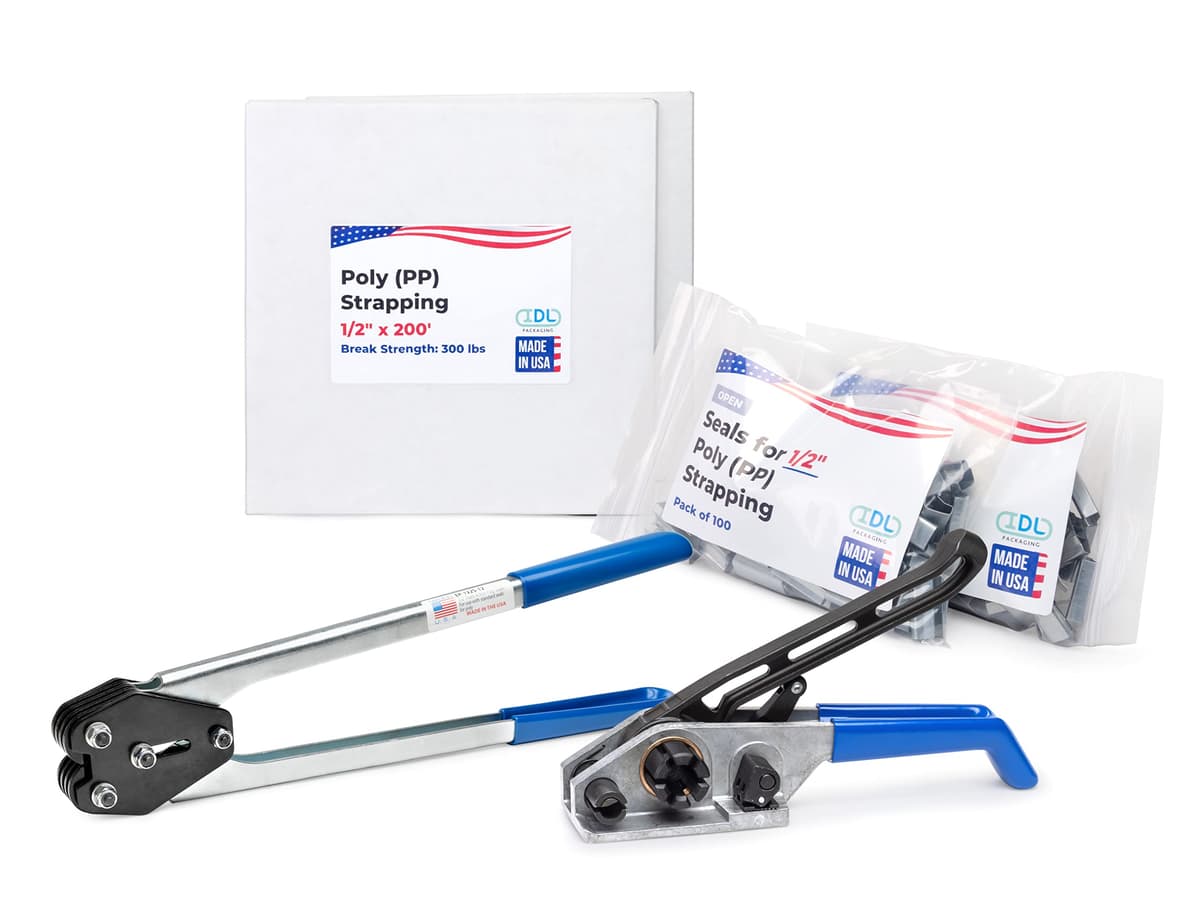 IDL Packaging Kit 1/2" x 400' Polypropylene (PP) Strapping, 300 lbs Break Strength, 200 Sellos, Tensionador y Grampas US-PPSK.300.400