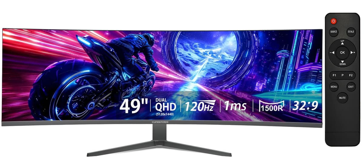XUNDEFINED Monitor Curvo Ultrapanorámico de 49 pulgadas con Control Remoto, 120Hz WDQHD (5120 x 1440) 5K Monitor Gamer R1500, HDR, Contraste 3000:1, sRGB 125%, USB-C, FreeSync, PIP/PBP, Parlantes Integrados, HDMI 2.1 y DP 1.4