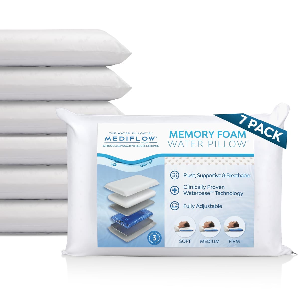 Mediflow Water Pillow Memory Foam - Almohada con Waterbase Technology (7 Pack)