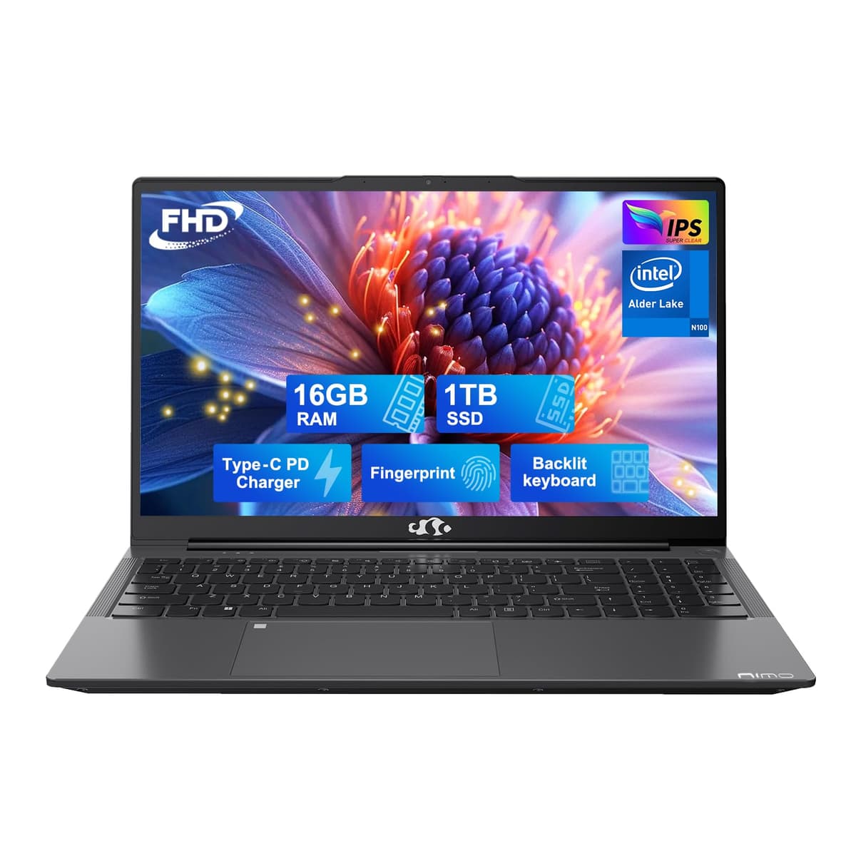 NIMO 15.6" IPS FHD Laptop, 16GB RAM 1TB SSD Intel Pentium Quad Core N100, Computadora con Teclado Retroiluminado y Lector de Huellas (Rendimiento similar a i3-1115G4 hasta 3.4GHz) Portátil para Estudiantes, Win 11 Gris RIV001