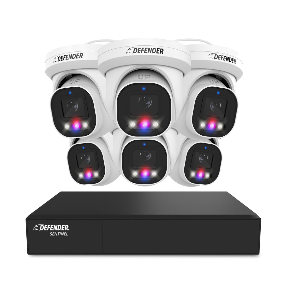 Defender Torreta Sentinel Pro con IA, Sistema de Cámaras de Seguridad NVR PoE 8CH, 6 Cámaras Metálicas, Ángulo Amplio 109°, IP66, Grabación de Audio, Visualización Web, Disco Duro 1TB, Compatible con la App Empower TNS8B6A-1T