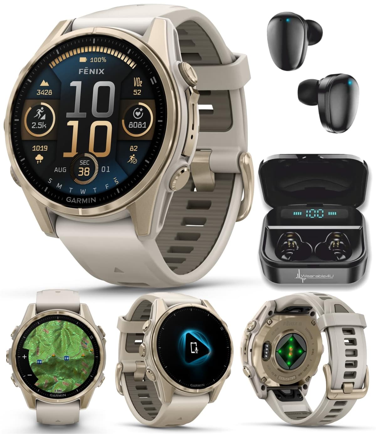 Wearable4U Garmin Fenix 8 43 mm Sapphire AMOLED Multisport GPS Smartwatch Soft Gold + Earbuds Negros TWS X7