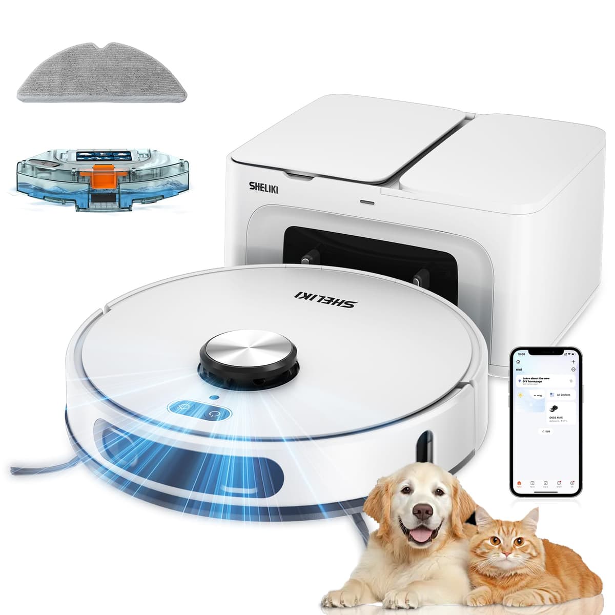 SHELIKI D60S MAX Robot Vacuum y Mop 3-en-1, Base autovaciable 70 días, LiDAR, 6000Pa, 5200mAh D60S MAX White