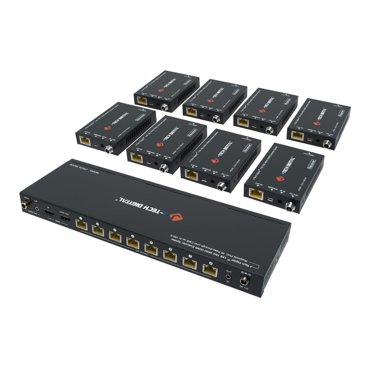 J-Tech Digital Extensor/Divisor HDMI 2.0 4K sobre un solo cable CAT6 con PoC hasta 60 m 1 entrada 8 salidas con salida local en bucle y baja latencia [JTECH-18EX50]