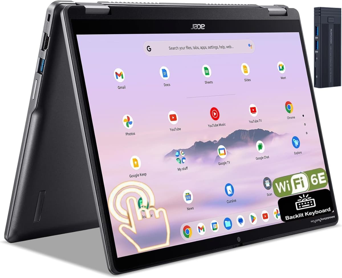 Acer Chromebook Plus Spin 514 2 en 1 14" WUXGA Pantalla Táctil IPS, Intel Core i5-1334U, 8GB RAM 512GB SSD, Wi-Fi 6E, Bluetooth, Webcam, Teclado Retroiluminado, Estación de Acoplamiento 128GB 9H, Chrome OS, Gris