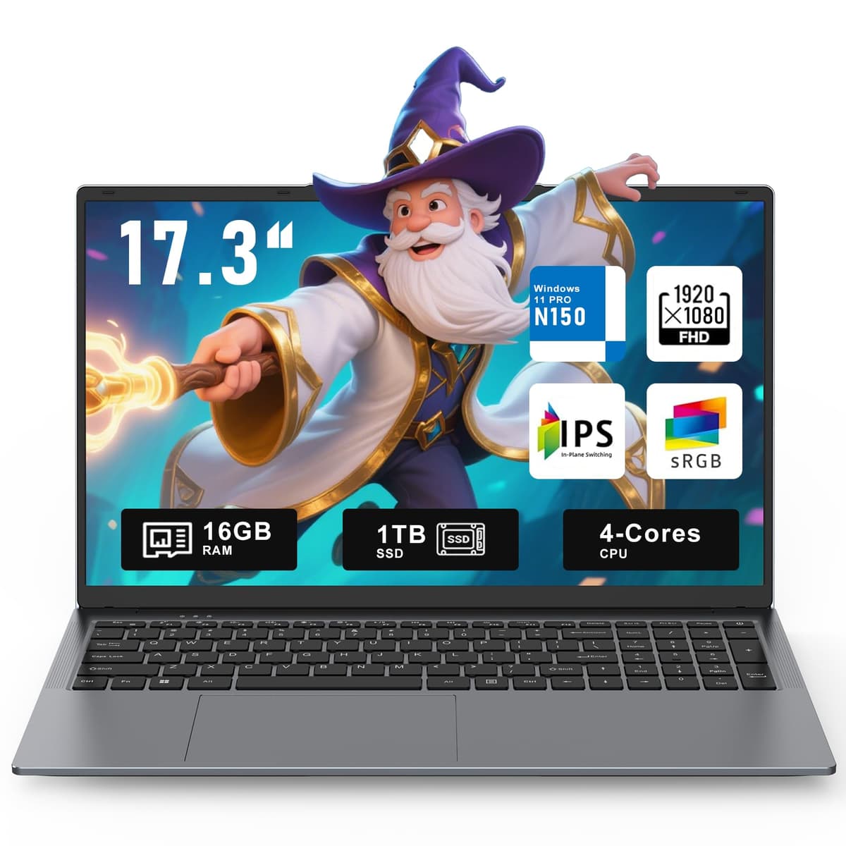 CHIFUYOU 2025 Portátil Gaming 17.3", Laptop Oficina con Office 365, 16GB RAM 1TB SSD, Procesador N150 (4 núcleos/4 hilos, hasta 3.6 GHz), Pantalla FHD 17.3" 1920×1080, WiFi 5, BT4.2, Teclado Retroiluminado NY-09