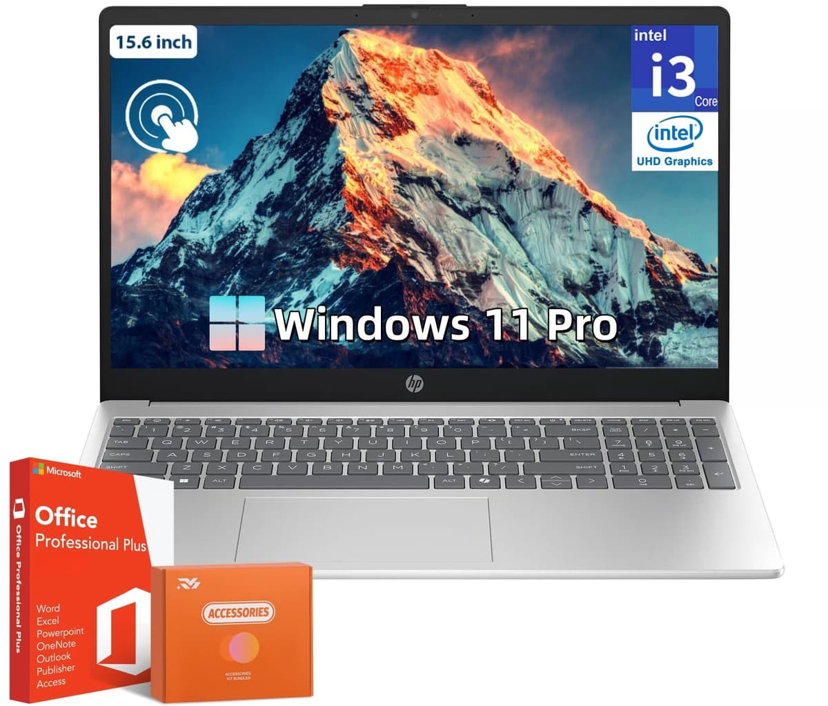 HP 2025 Laptop táctil de 15.6", con licencia permanente de Office Pro, Intel Core i3-1315U de 13.ª generación (hasta 4.5 GHz), 32 GB RAM, 1 TB SSD, Intel UHD Graphics, pantalla antirreflejo, Windows 11 Pro, con accesorios