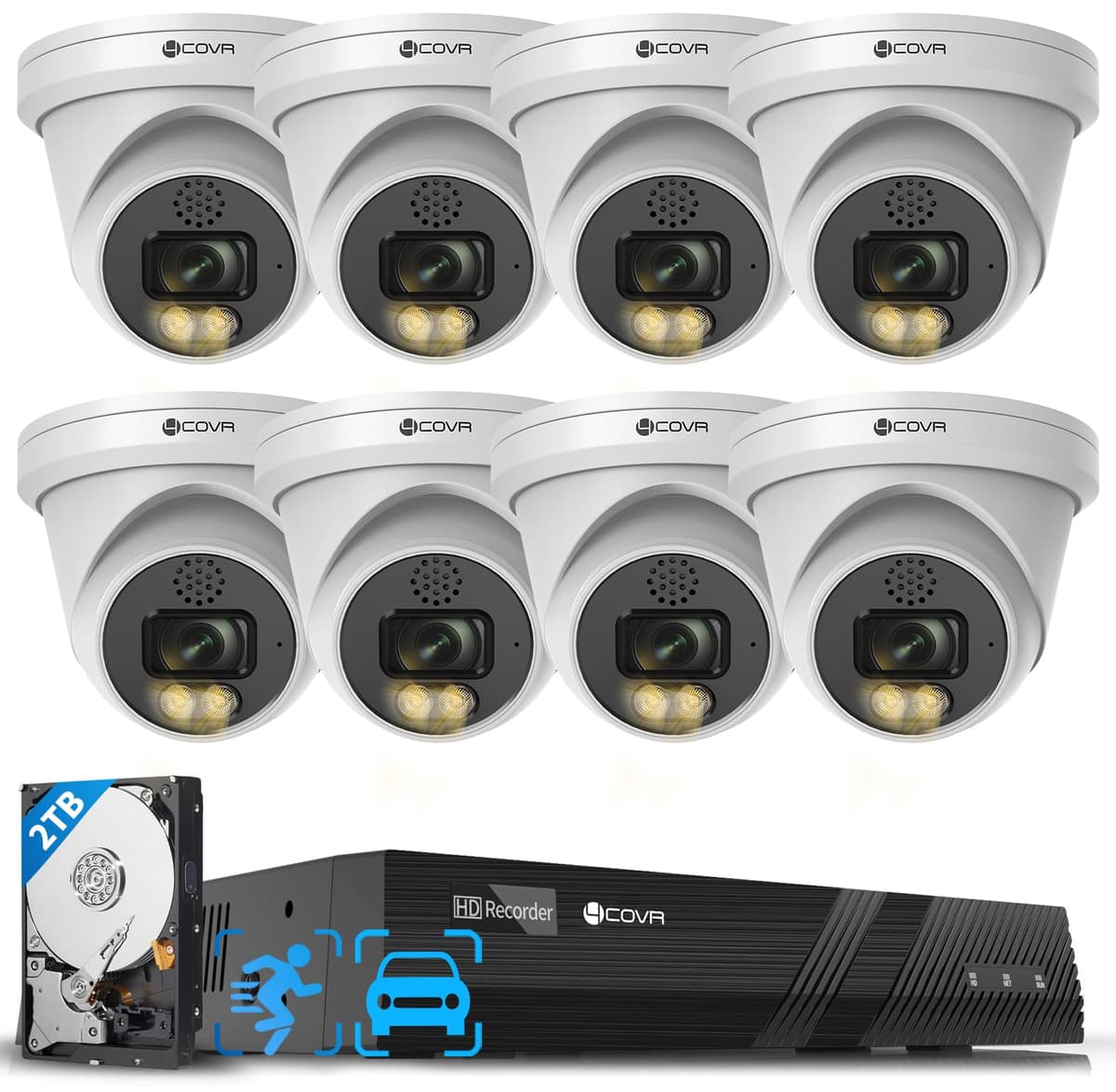 Forcovr Sistema de cámaras de seguridad para el hogar 4COVR 4K, audio bidireccional y visión nocturna en color inteligente, 8× cámaras dome IP PoE 8MP IP67, NVR H.265 de 8 canales con HDD 2TB, detección AI de personas y vehículos, grabación 24/7, LY97KA8M0808