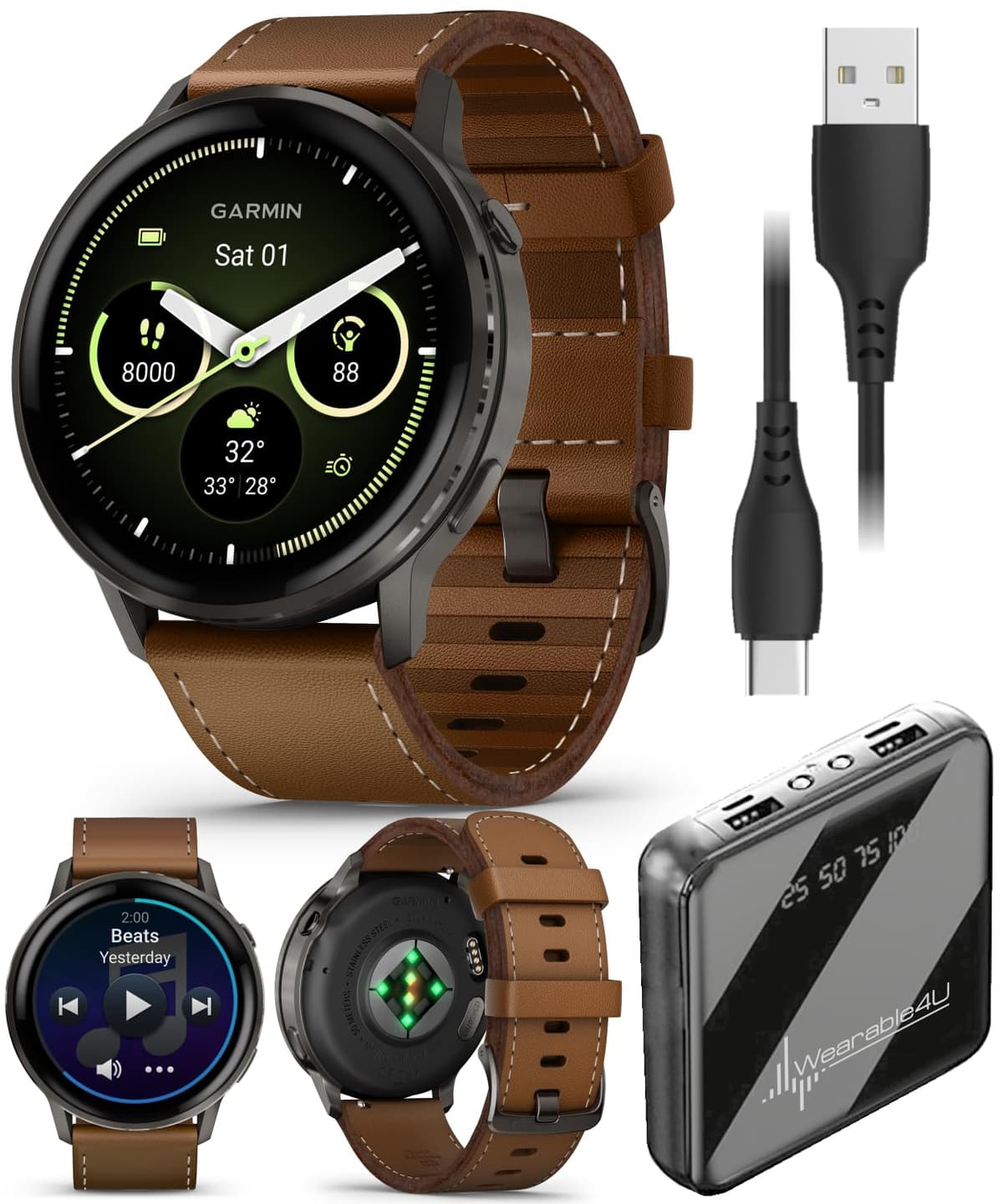 Garmin Venu 4 45 mm Slate con correas negra y cuero marrón y PowerBank Wearable4U