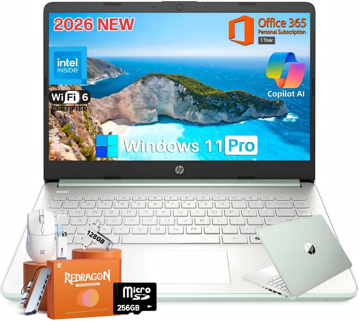 HP 2026 Laptop de 14" con Copilot AI, Intel N150, 16 GB RAM, 512 GB de almacenamiento (128 GB UFS + 256 GB MSD + 128 GB UFD), Office 365 por 1 año, WiFi 6, ultraligera, portátil, Windows 11 Pro, verde Willow HP Laptop