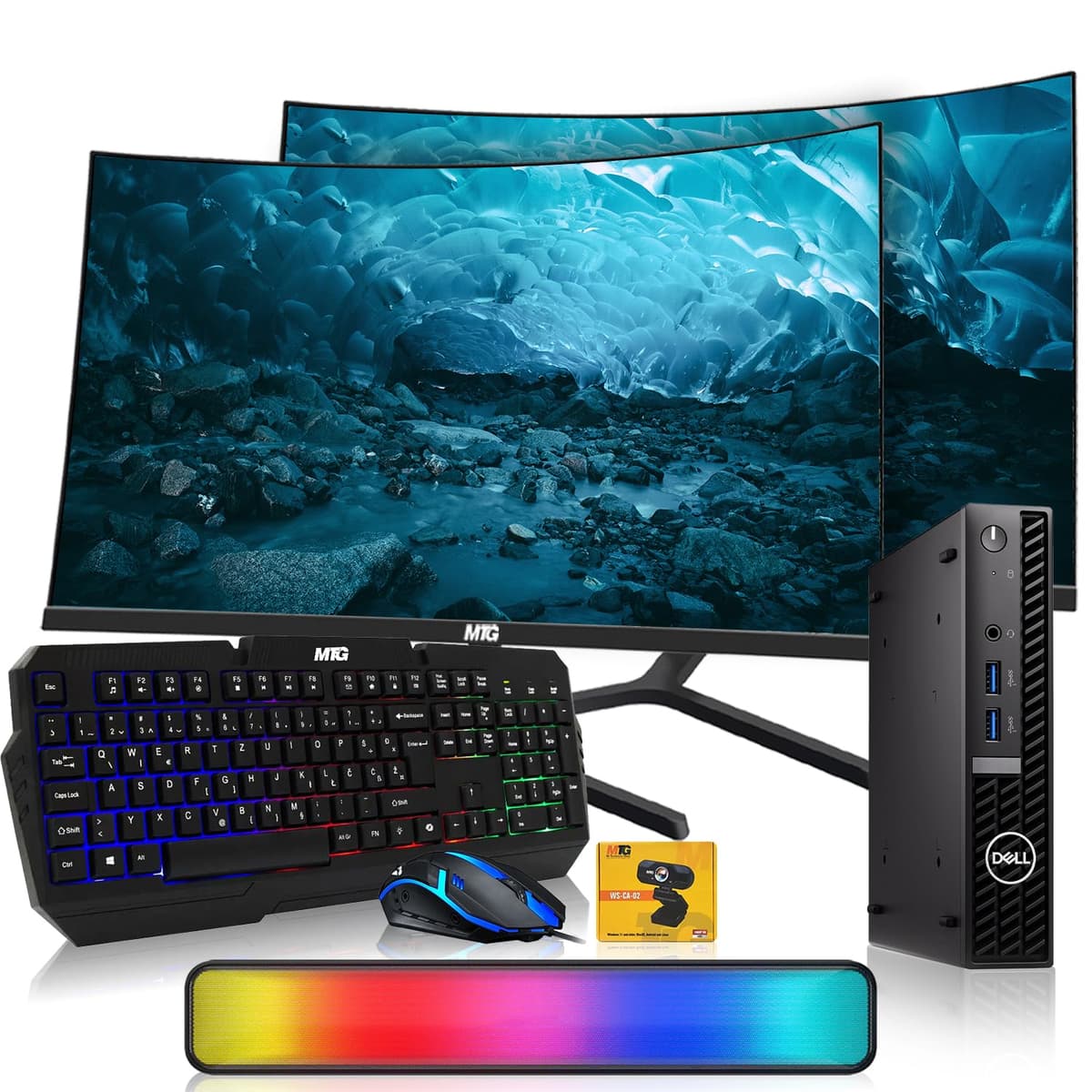 Dell Optiplex Tiny Mini, Intel Core i5, 32GB RAM, 512GB SSD, doble monitor curvo 24" + kit RGB (Renewed)