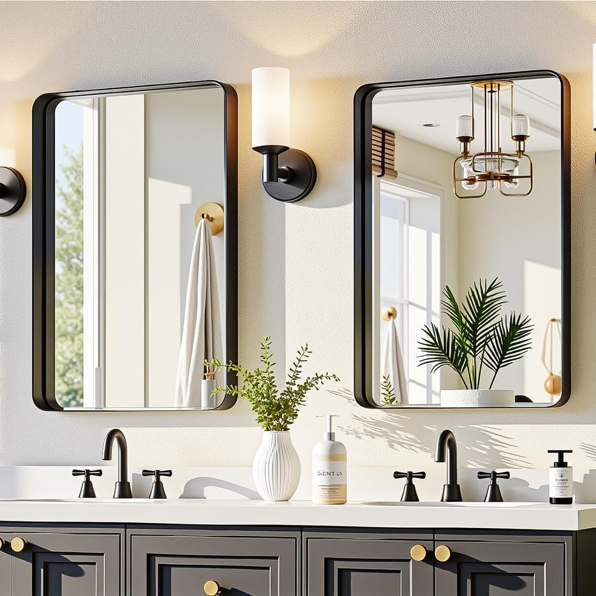 Furnbar Pack x2 Espejo de Baño Negro 22x30 Pulgadas, Rectangular con Esquinas Redondeadas y Marco Metálico Profundo, Espejos de Pared para Lavabo, Tocador, Dormitorio y Baño, Se Cuelga Horizontal o Verticalmente