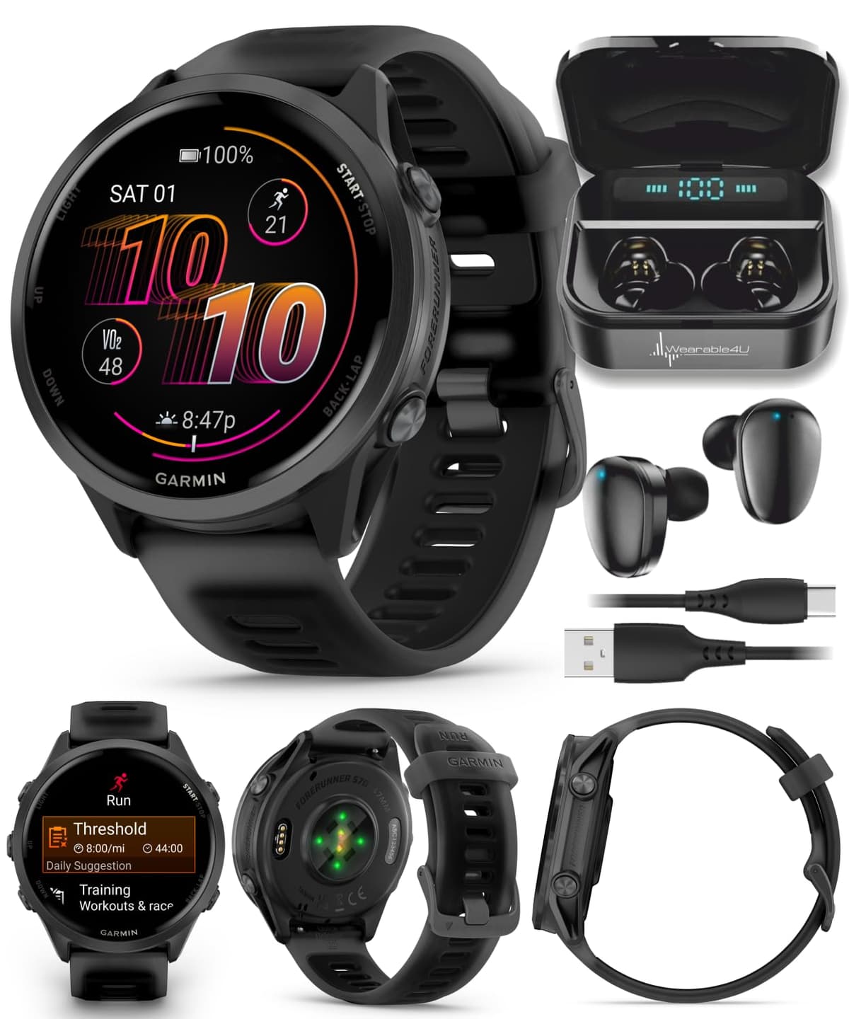 Garmin Forerunner 570 47 mm Reloj Inteligente Avanzado para Correr y Triatlón con GPS, Pantalla AMOLED, Entrenamiento y Recuperación, Aluminio Gris Pizarra, Banda Translúcida Negra y Negra con Auriculares Wearable4U BLK Incluidos TWS X7