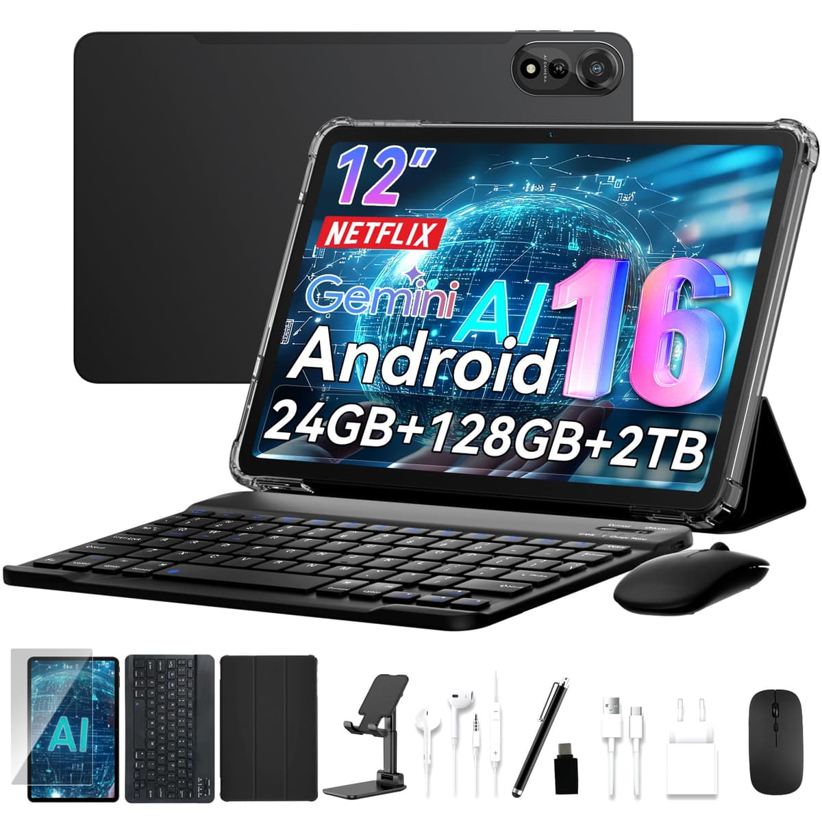 Tablet Nexall N90 Android 16, Tablet de 12 pulgadas 2K FHD+, Tablet Android con teclado, WiFi 5G, 24GB+128GB/2TB, Face ID, 9000 mAh, 4 años de garantía, Widevine L1, OTG, 1217-BOX, funda y lápiz 1232597011