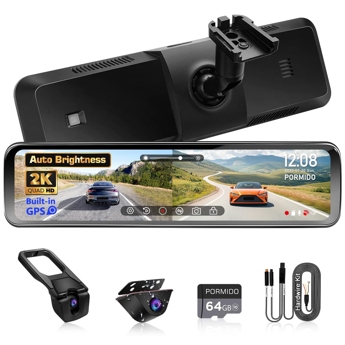 Cámara Espejo Retrovisor PORMIDO OEM con Brillo Automático, Dash Cam Espejo de 11" con Pantalla Táctil Ultra Brillante 2K, Cámara Delantera/Trasera Desmontable con Zoom, GPS Integrado, Visión Nocturna, Tarjeta 64GB, Monitor de Estacionamiento PRD81T