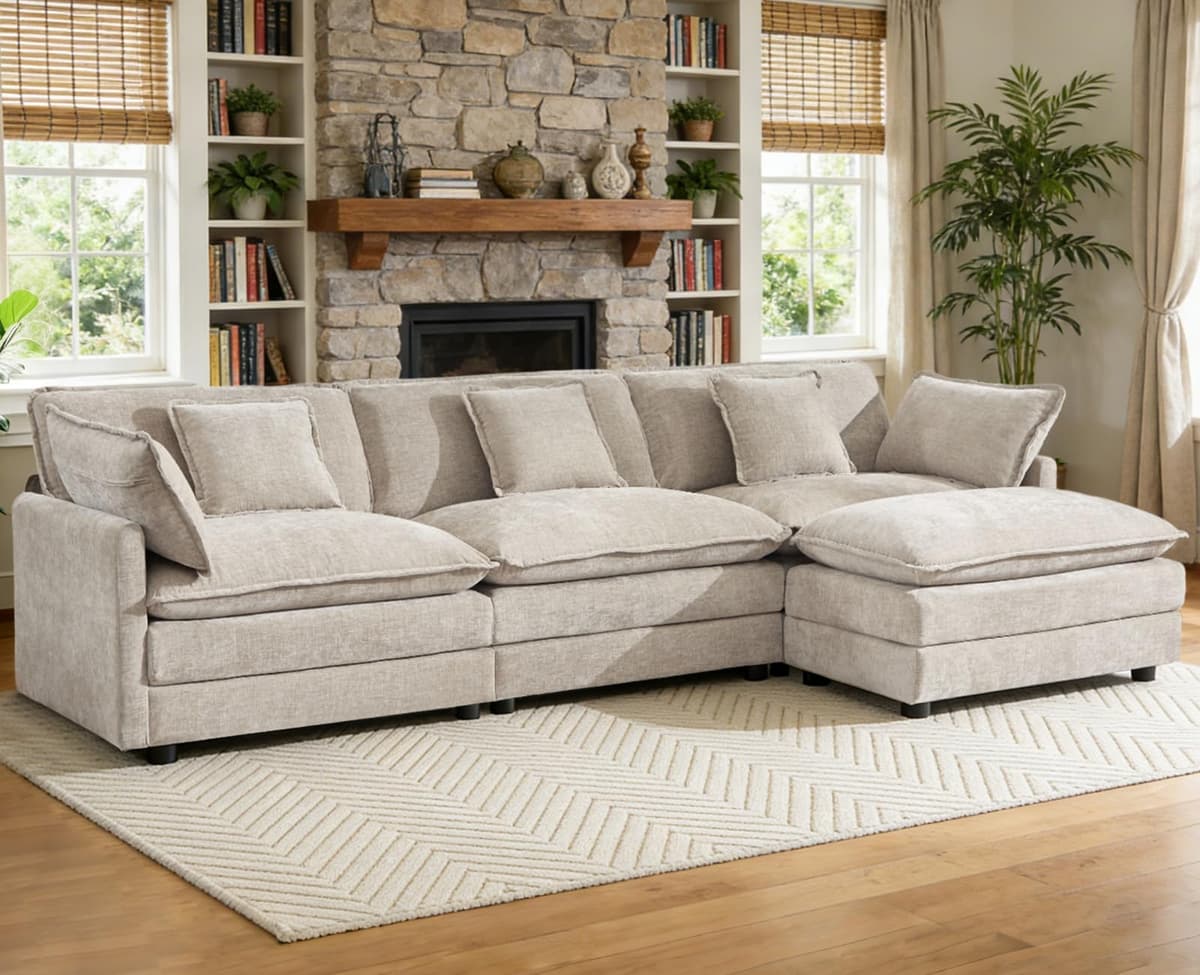 VEPXXP Sofa Modular Seccional L de Chenille, Asiento Profundo, 3 Plazas con Puff Móvil, Camel