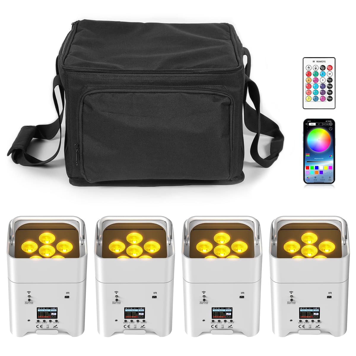 DazzlingStage 9600mAh Uplights inalámbricos 4 Pcs con bolsa, 6x18W RGBWA UV, control APP/DMX512, recargables LHQ-ZQ01529X4BUS-GYY