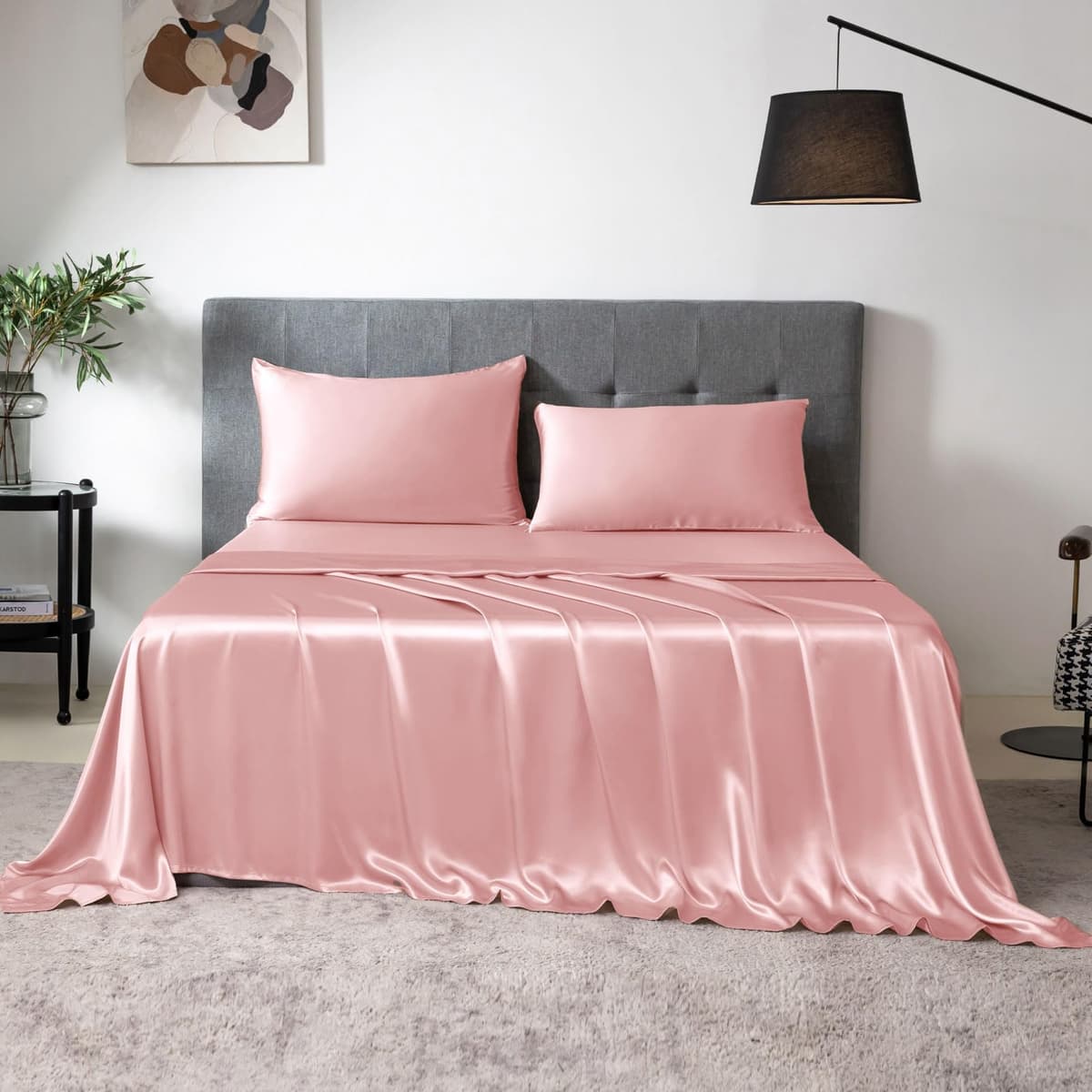 THXSILK Juego de Sábanas 100% Seda, Juego de Sábanas 7A+ Seda Suave Transpirable, Ropa de Cama de Lujo (1 Sabana Plana, 1 Sabana Bajera, 2 Fundas de Almohada) King, Charming Pink