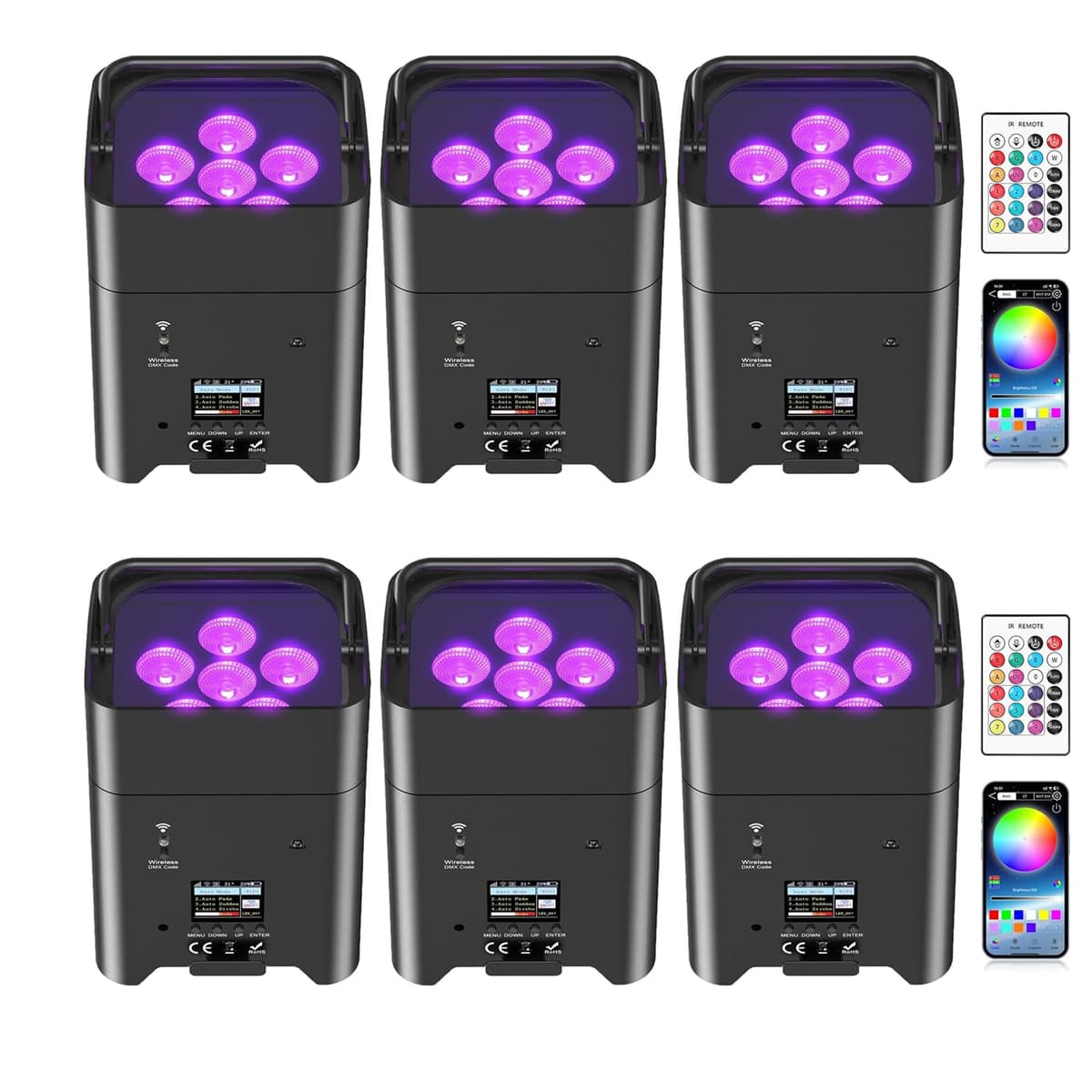 Luces de escenario recargables ZEMOJ con batería, 6 en 1 RGBWA+UV, 108W 9600mAh 6 LED Par, DMX/APP/Control remoto/Estroboscópico, luces inalámbricas uplight para eventos, iglesia, bodas, DJ, shows en vivo, fiestas ZQ01528