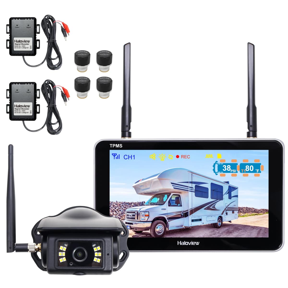 Haloview Byte Tango BT7 TPMS con 4 sensores Monitor de cámara inalámbrica de reversa 1080P con sistema integrado de monitoreo de presión de neumáticos para RV, ideal para casa rodante, camión, remolque, camper TPMS-4