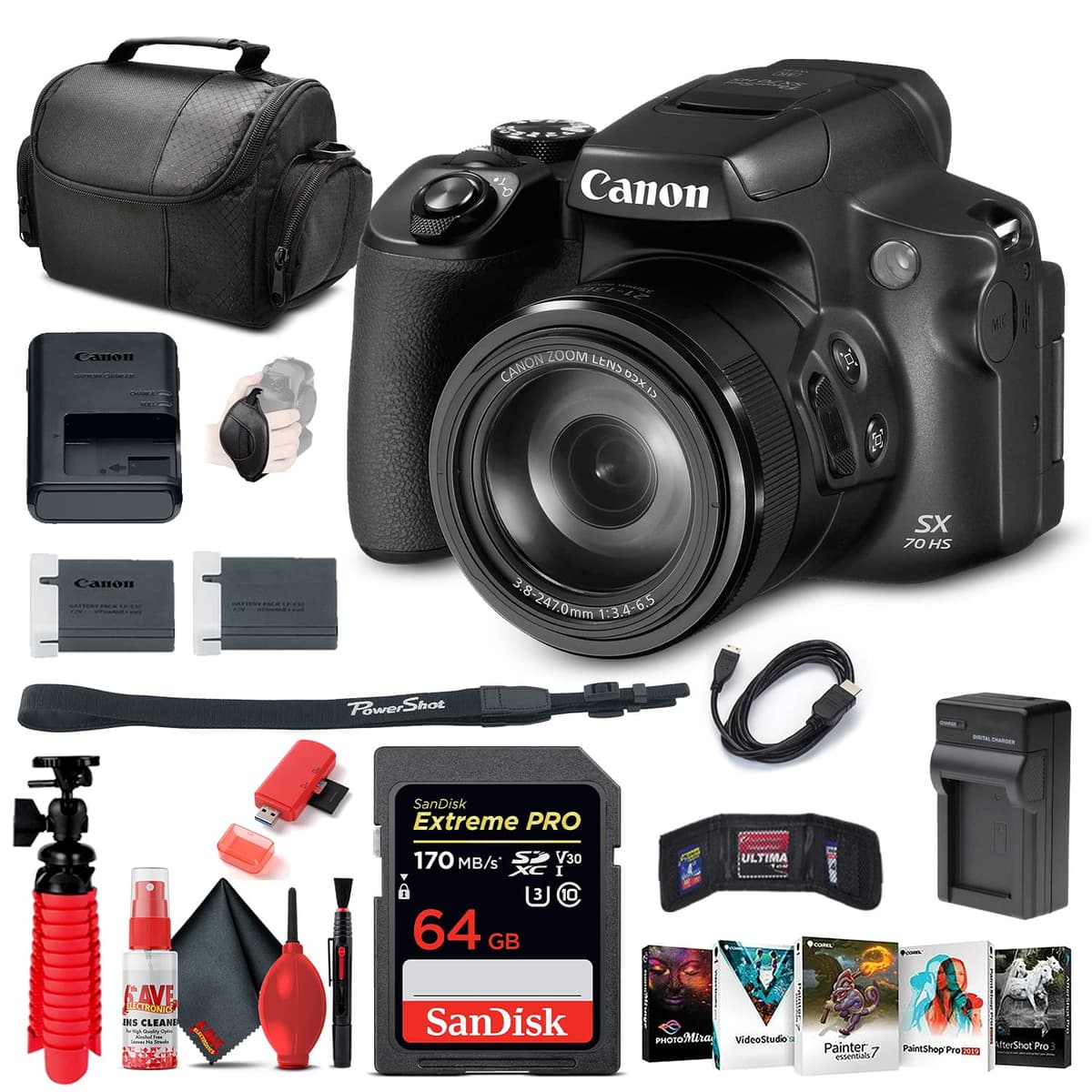 Cámara digital Canon PowerShot SX70 HS (3071C001) + Tarjeta de 64GB + Software Corel Photo + Batería LP-E12 + Cargador externo + Lector de tarjetas + Cable HDMI + Bolso suave de lujo + Trípode flexible + Más (Reacondicionado) 3071C001_EDIV_2-RE