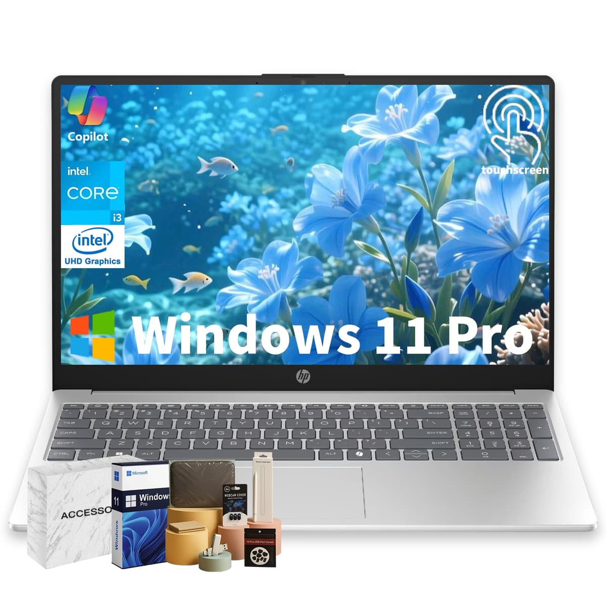 HP 2025 Pantalla Táctil • Intel i3-1315U (hasta 4.5 GHz) • 32 GB RAM • 1 TB SSD • Pantalla antirreflejo de 15.6" 250 nits • Copilot-AI Chat • Windows 11 Pro Computadora para Negocios y Estudiantes con Accesorios 15-fd0123dx