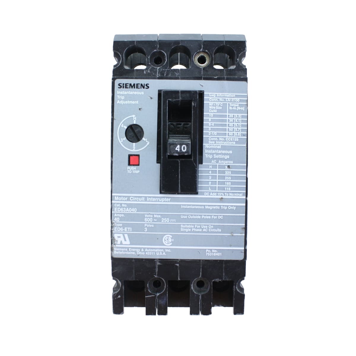 Siemens ED63A040 ED6-ETI 3P 40A Interruptor para motor