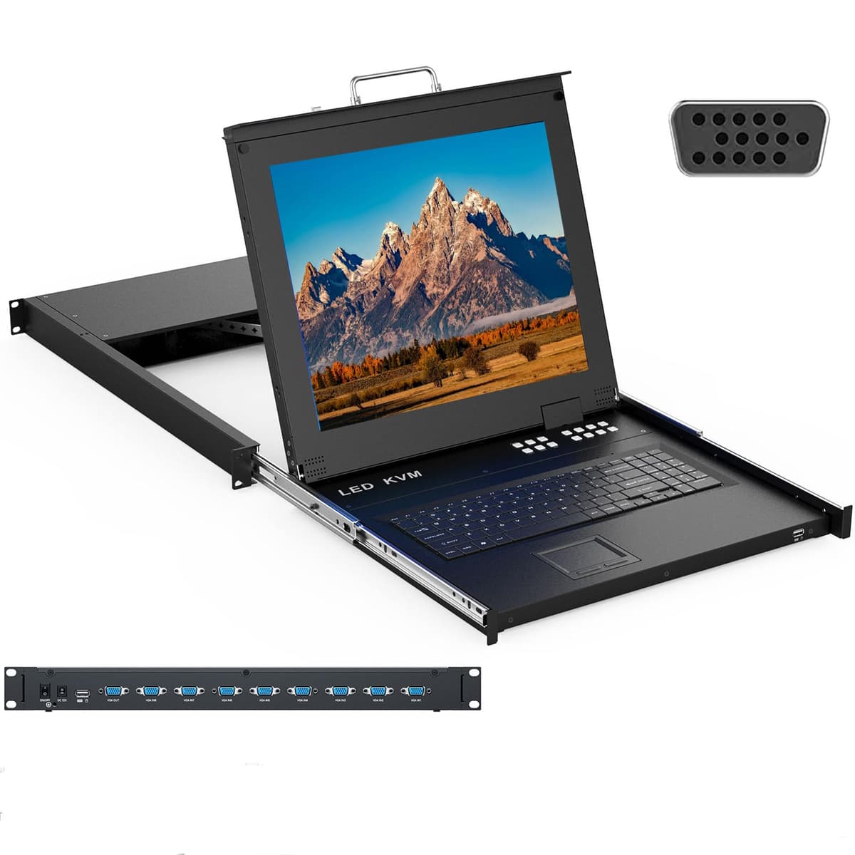 MT-VIKI Rack KVM Monitor Switch 8 Port con monitor LCD 17" y teclado integrado para rack 1U MT-1708