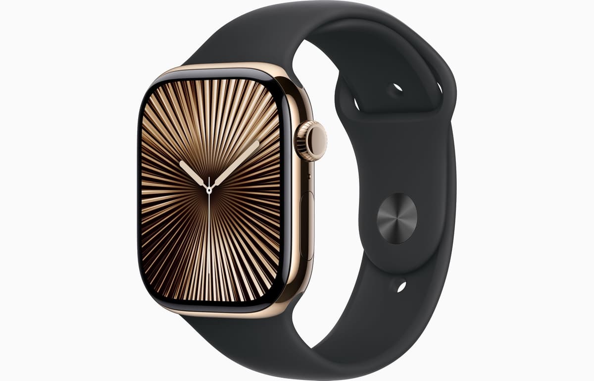 Apple Watch Series 10 [GPS + Cellular, 42 mm] - Caja de titanio dorado con correa deportiva negra, S/M (Reacondicionado) A3001