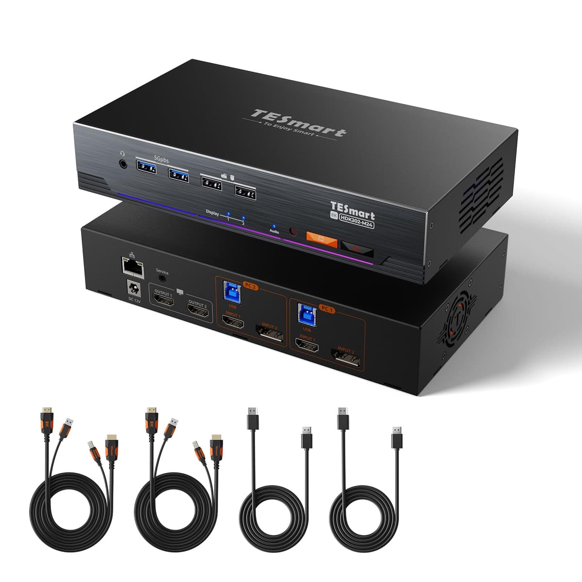 TESmart KVM 2 Puertos Dual Monitor - KVM DisplayPort+HDMI 4K/8K, USB 3.0, Ethernet y soporte 4K@144Hz HDK202-M24-USBK