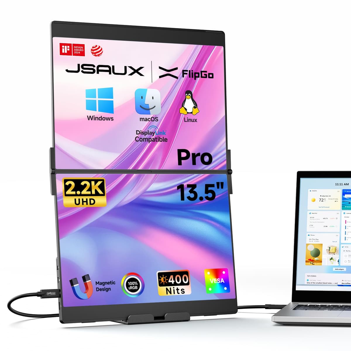 JSAUX FlipGo Pro 13.5" Monitores Portátiles Duales, Extensor de Pantalla Triple 2.2K para Laptop, Monitor Dual IPS Portátil para Laptop [Windows/Linux/macOS] Un Cable a Doble/Diseño Magnético/DisplayLink JSDEPM0201BK13.5IN