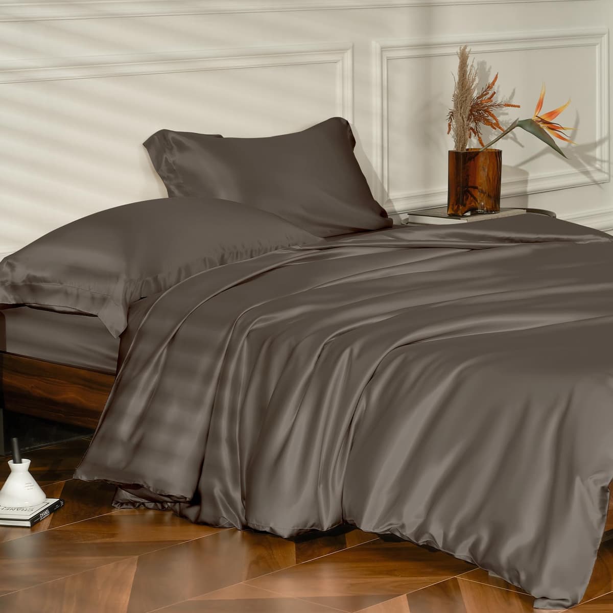 THXSILK Set Funda Nórdica 25 Momme 4 piezas (Charcoal, Full)