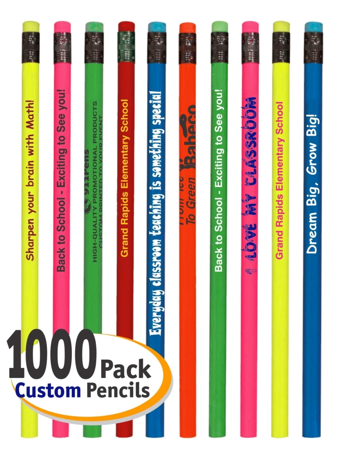 911 Pens 1000 Lápices Personalizados NEON #2 HB2 Redondos (Asort.) 647N-NEONPENCIL