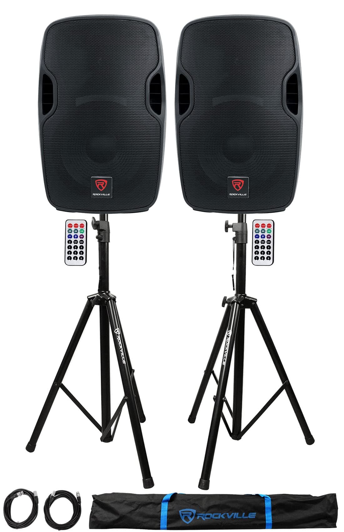 Rockville BPA12 Bundle: (2) Parlantes Activos 12" 600W, Stands y XLR de 20 pies (2) BPA12+RVSS2-XLR