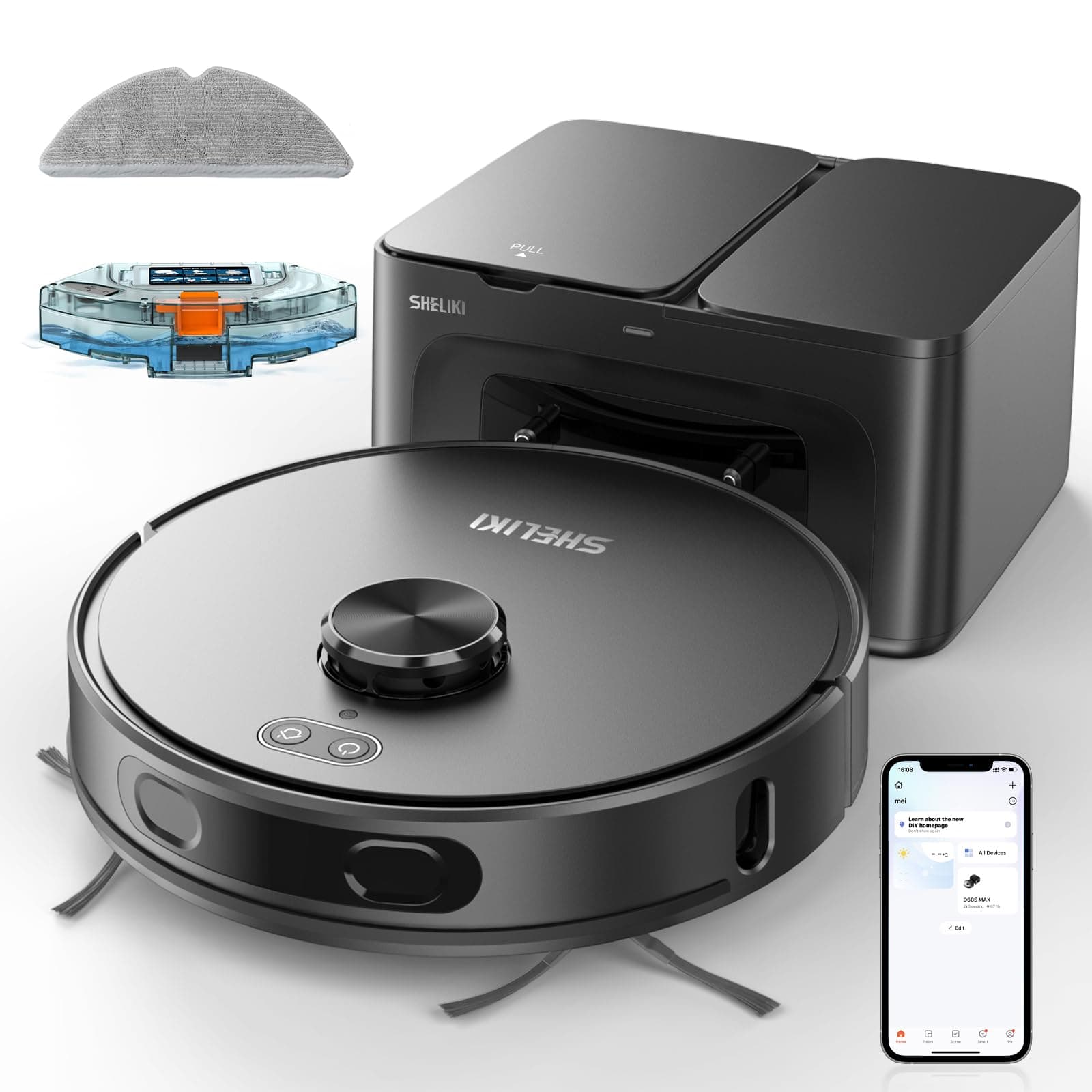 SHELIKI Robot Vacuum and Mop Combo D60S MAX con LiDAR, autovaciado y 6000Pa de succión D60S MAX Gray