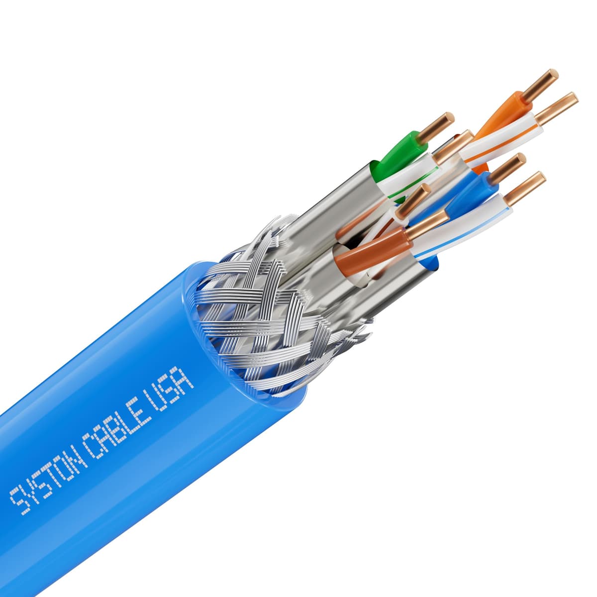 Syston Cable Cat8 Cable Ethernet a Granel Crudo 2000 MHz 2 GHz 40 Gbps 1000 ft Cobre Macizo Desnudo S/FTP Apantallado Individual Trenzado de Cobre Estañado 22/4 4 Pares 22 AWG CMR FT4 UTP Azul Corte a Medida A-1588-BL-1000