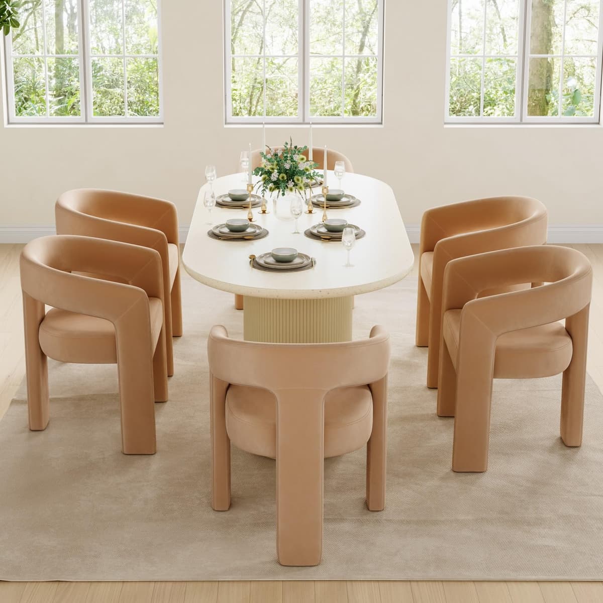 BESTANO Set x6 sillas modernas de terciopelo con respaldo abierto, estilo barril, khaki 69a7a0e9-a002-4577-b571-b51985c5ea97