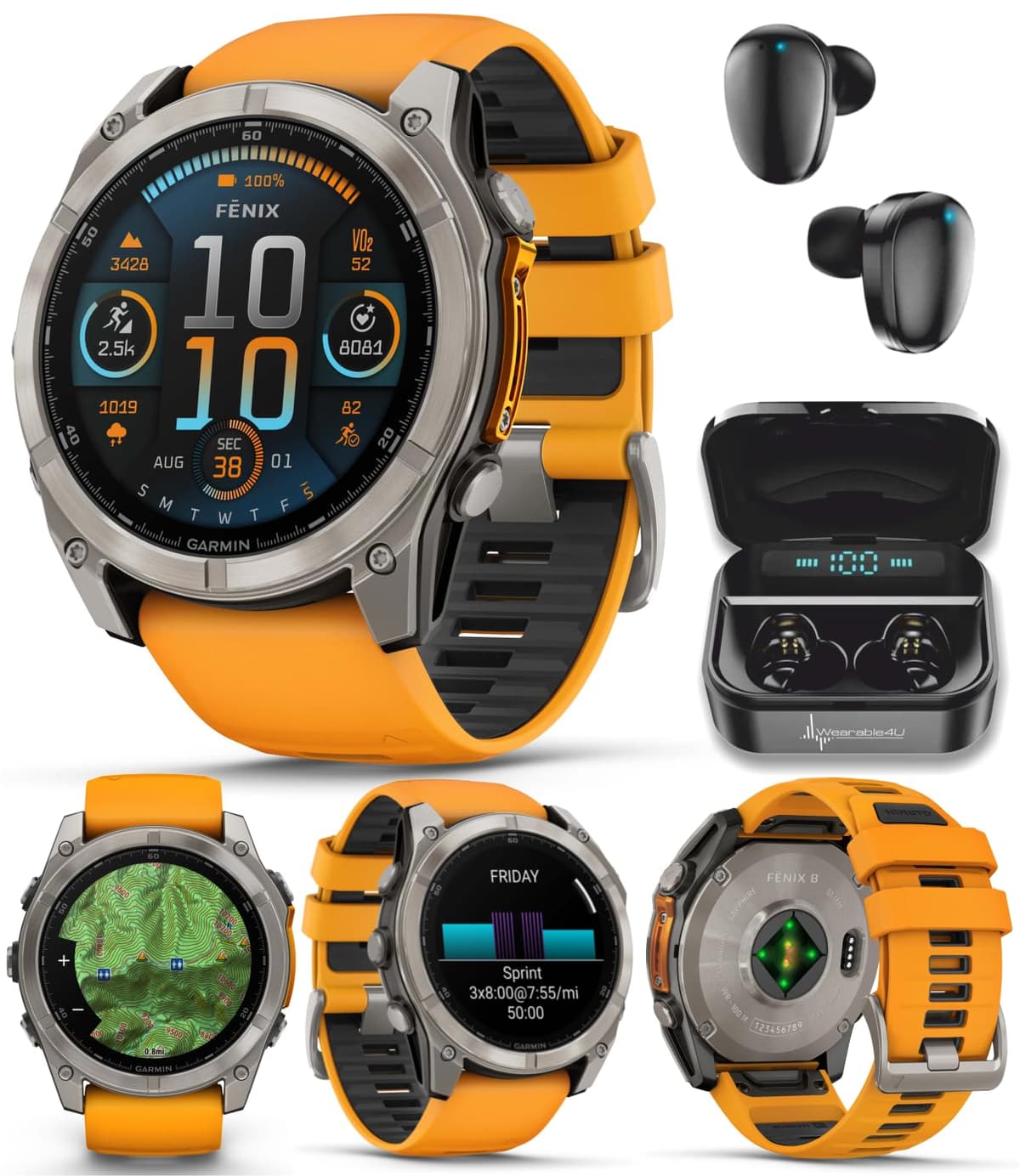 Wearable4U Garmin Fenix 8 51MM AMOLED Sapphire Titanium con Spark Orange/Graphite - Bundle con audífonos negros TWS X7