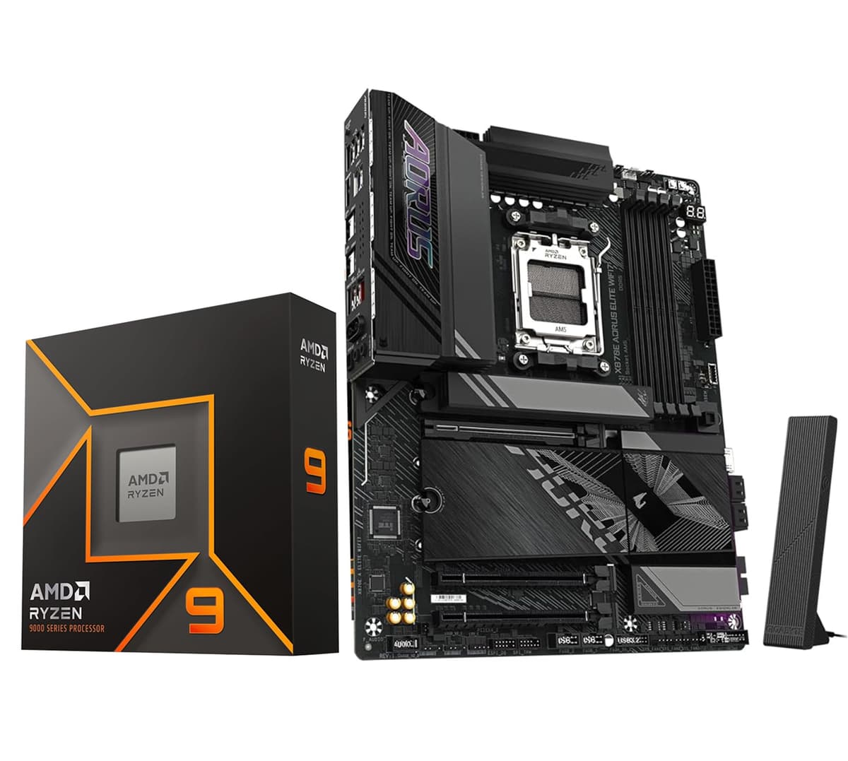 Micro Center Procesador AMD Ryzen 9 9950X con Placa Madre GIGABYTE X870E AORUS Elite WIFI7 AM5 (ATX, DDR5,4x M.2, PCIe 5.0, USB4) 9950XGGX870EALWF