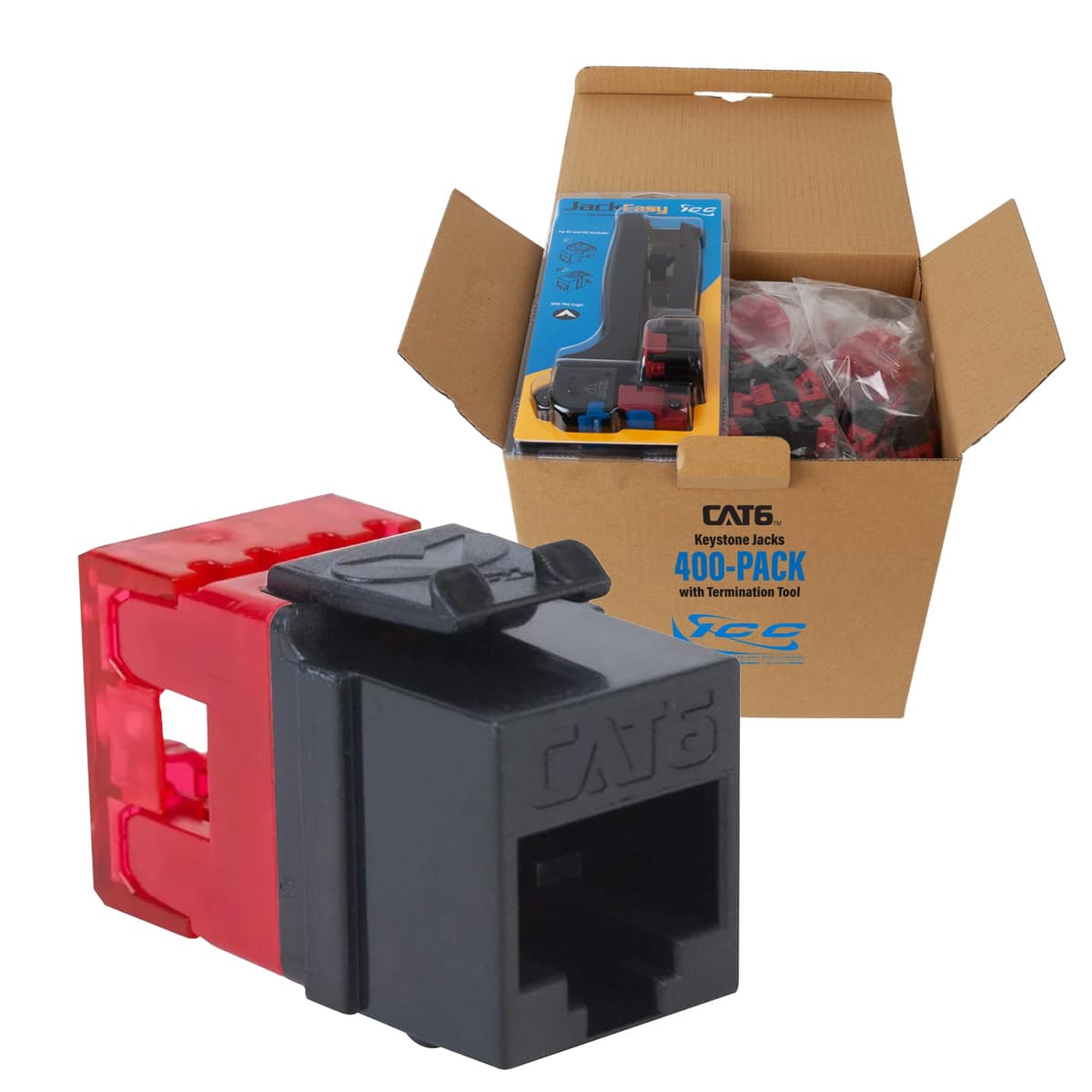ICC CAT6 Keystone Jack perfil delgado 180° Punch Down RJ45 PoE++ TAA 400 pack IC107F6VBK