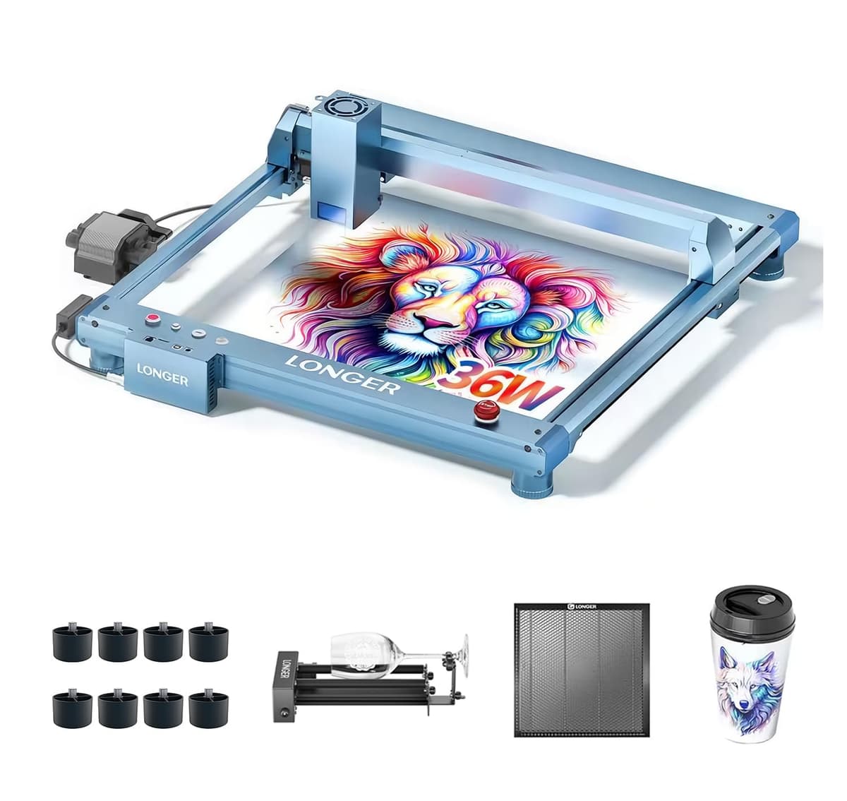 QFLONGER Longer B1 30W Laser Engraver - Cortadora/Grabadora Láser con Asistente de Aire, Plataforma 440×440 mm y Rodillo Rotatorio Y de 360°