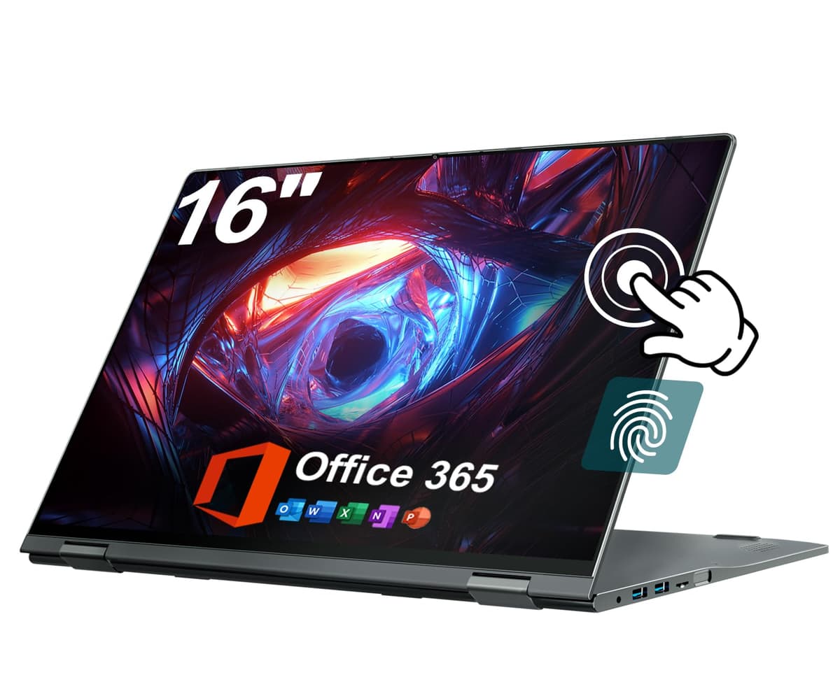 Jumper 2 en 1 portátil, computadora convertible de 16 pulgadas con pantalla táctil IPS FHD 360 grados, 640GB de almacenamiento, 16GB RAM, lector de huellas, teclado retroiluminado, 53.2WH, WiFi 6, Celeron N, Type-C J1