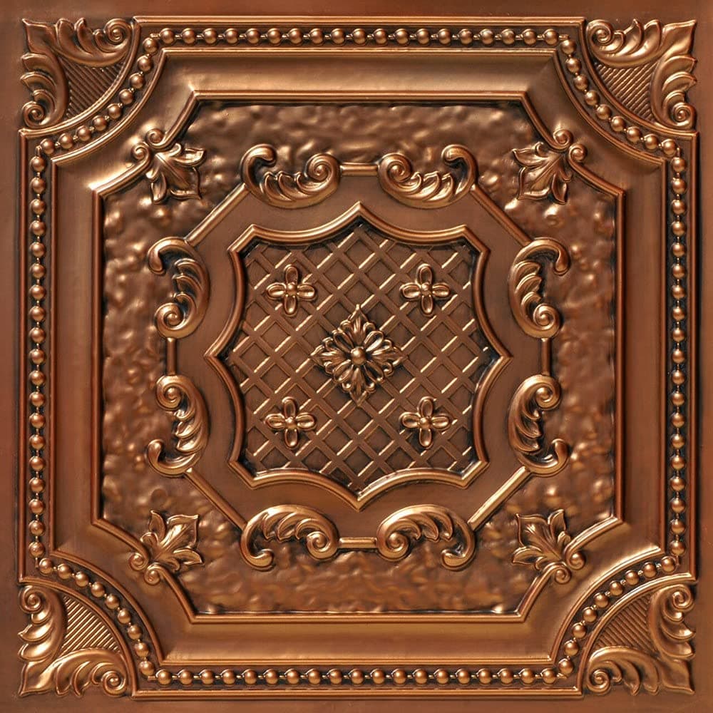 From Plain To Beautiful In Hours DCT04 Elizabethan Shield PVC 2' x 2' Lay-in o Glue-up Ceiling Tile, Aged Copper, 50 Piezas DCT04ac-24x24-50