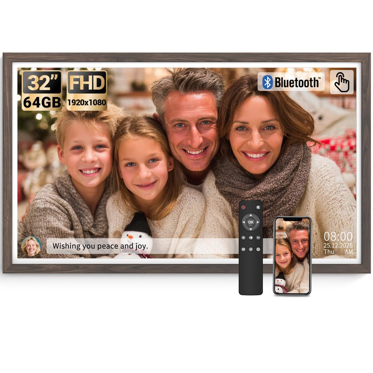 Marco digital grande BSIMB de 32 pulgadas, pantalla táctil 64GB 1920x1080 FHD WiFi Marco de fotos electrónico con control remoto, compartir fotos/videos vía app/USB/SD configuración fácil regalo para mamá, madera oscura