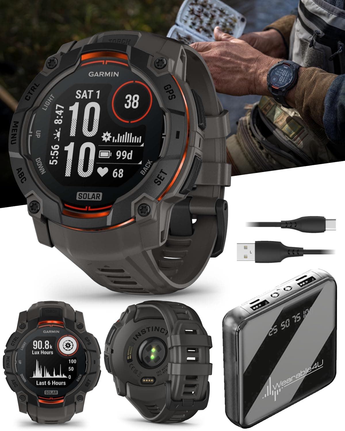 Wearable4U Garmin Instinct 3 Solar 50 mm, Smartwatch GPS Resistente para Exterior, Linterna Incorporada, Hasta 40 Días de Batería, Negro con Correa Carbón