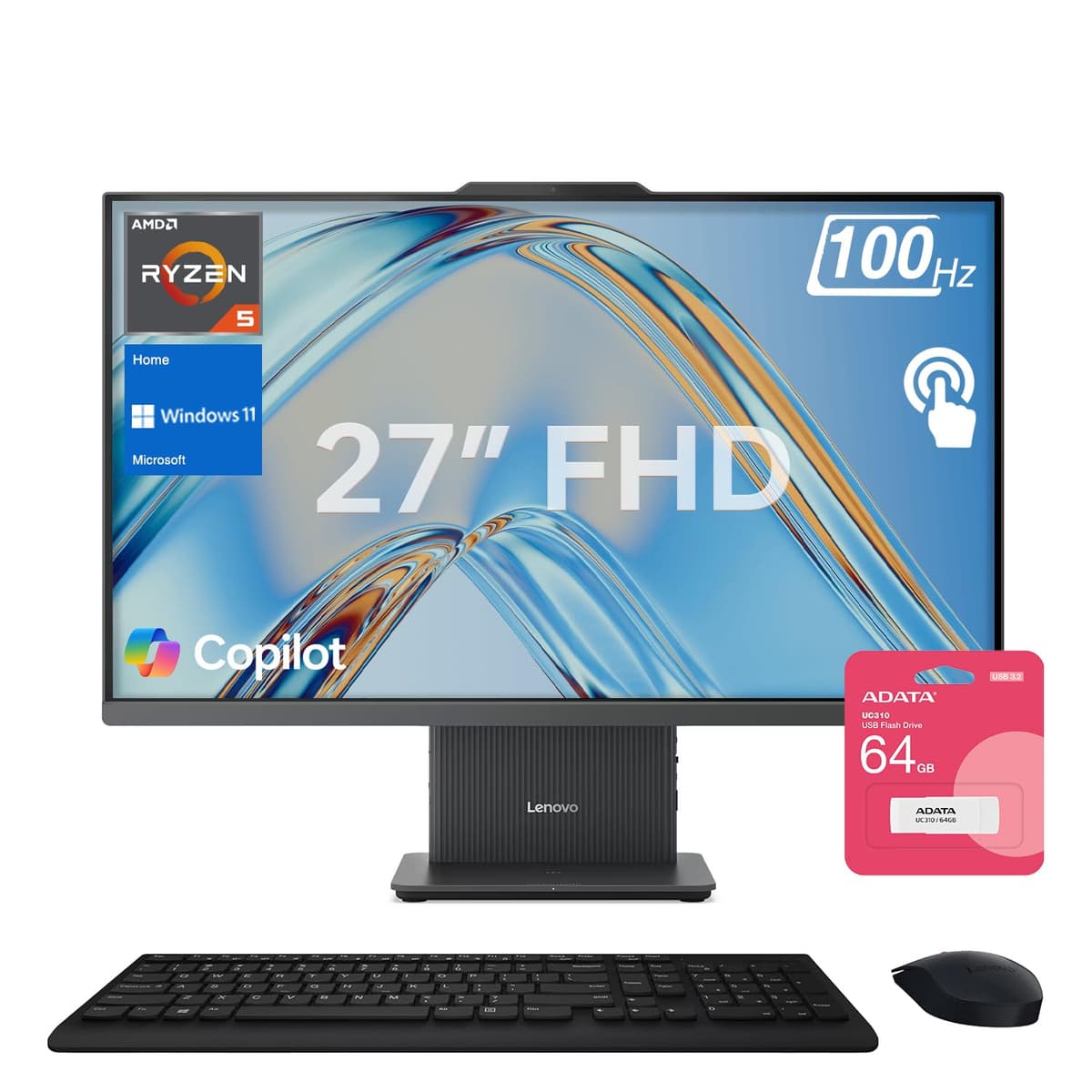 Lenovo IdeaCentre All-in-One 27" FHD Touch 100Hz AMD Ryzen 5 7535HS 64GB 2TB SSD Bundle 64GB USB 27IRH9